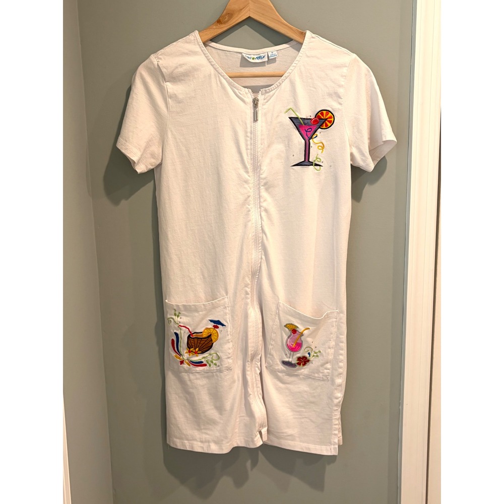 Kiwi Fresh White Cotton Zip Front Dress‎ Tropical Cocktail Embroidery Small